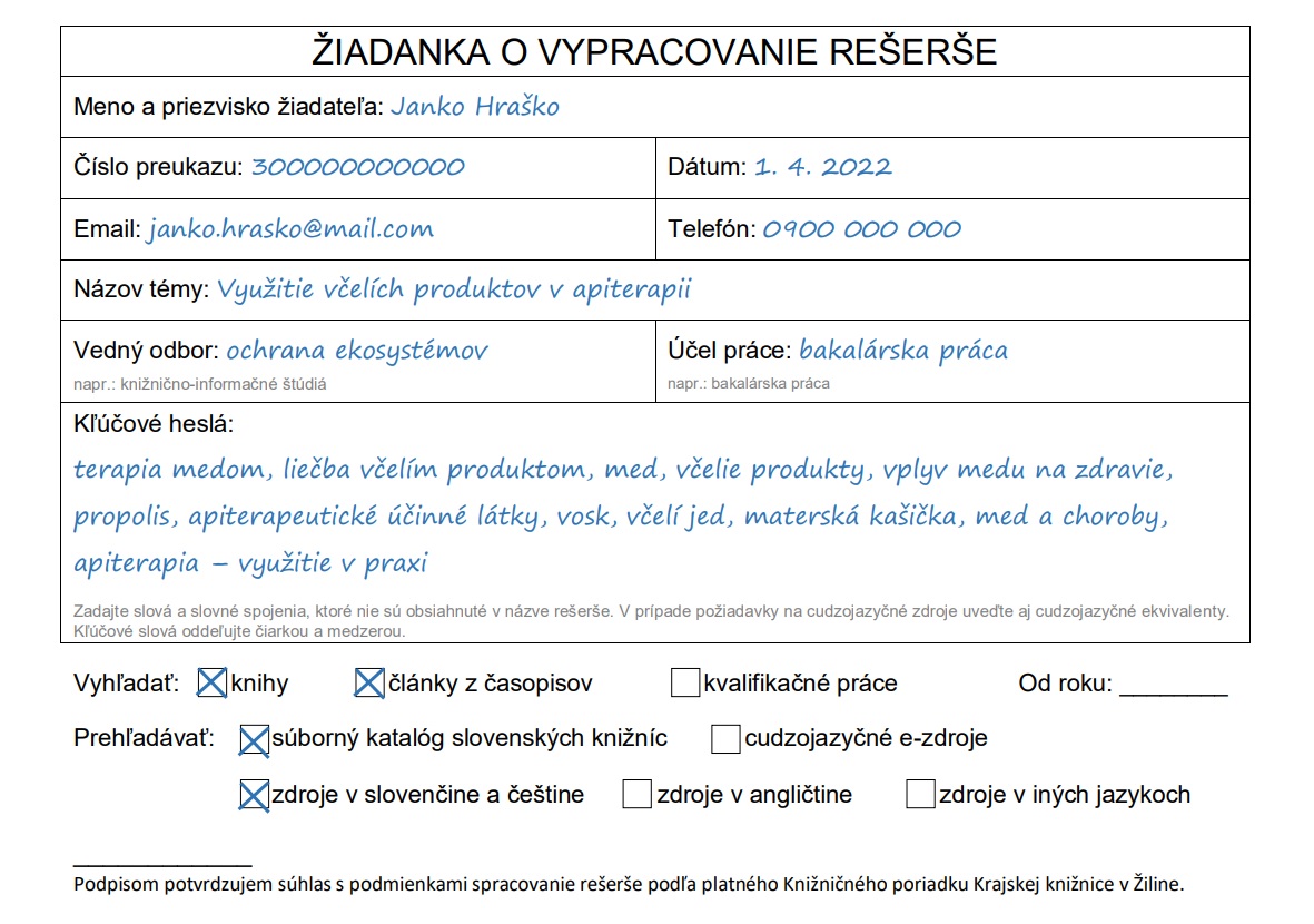 Správne vypísana žiadanka o rešerš