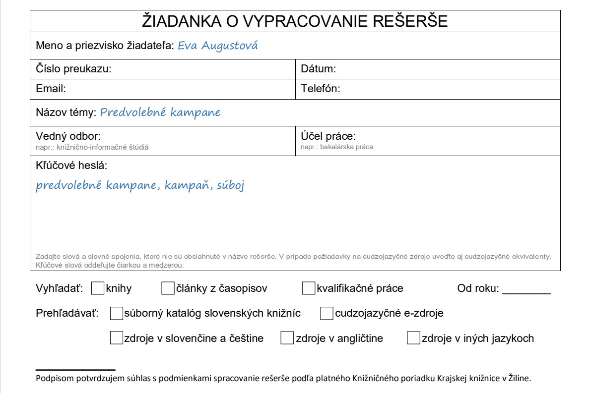 Nedostatočne vypísana žiadanka o rešerš